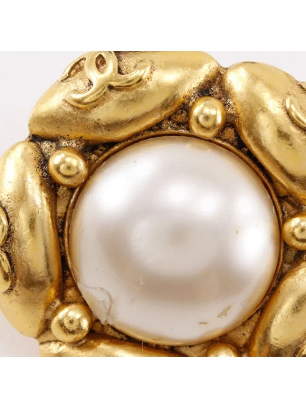 Chanel CC Logo Flower Vintage Gold Plated Faux Pearl Earrings